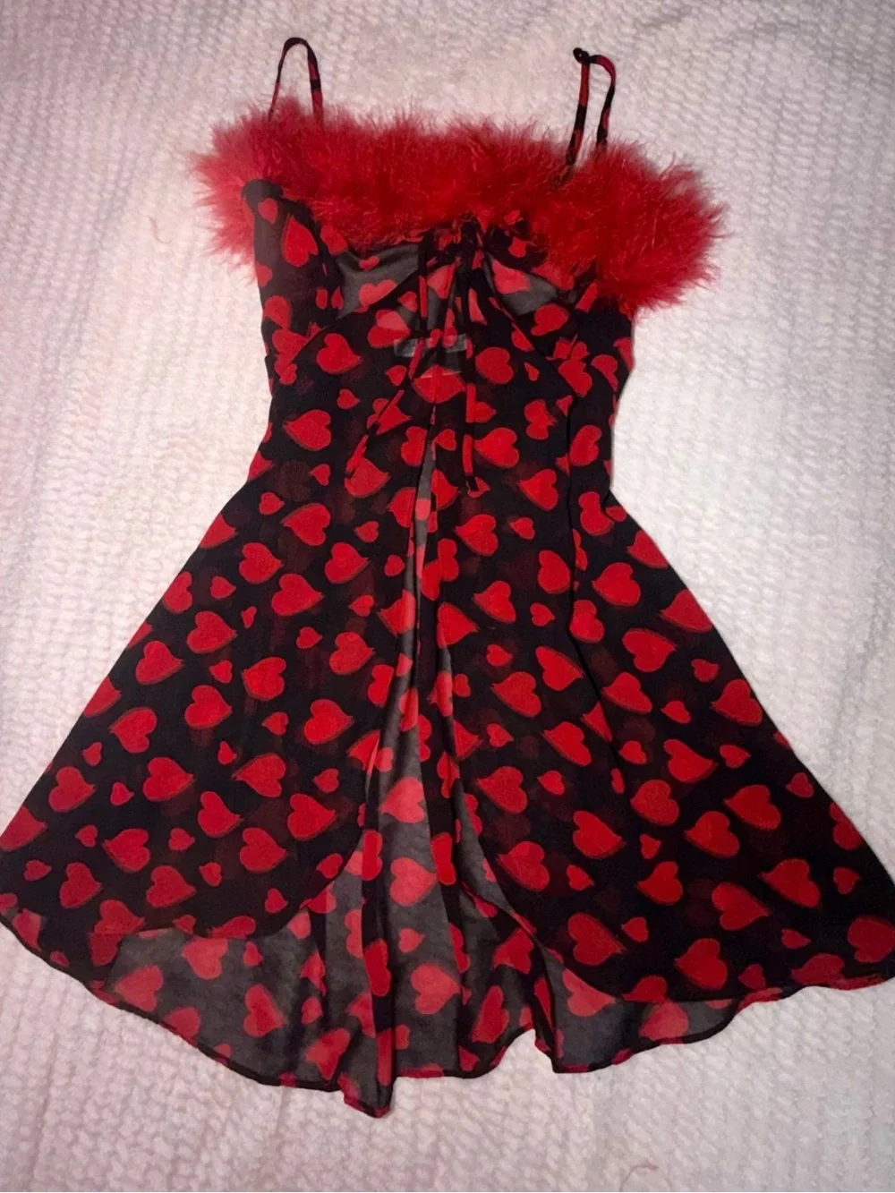 Vintage Black Chemise with Red Heart Pattern and Feather Trim